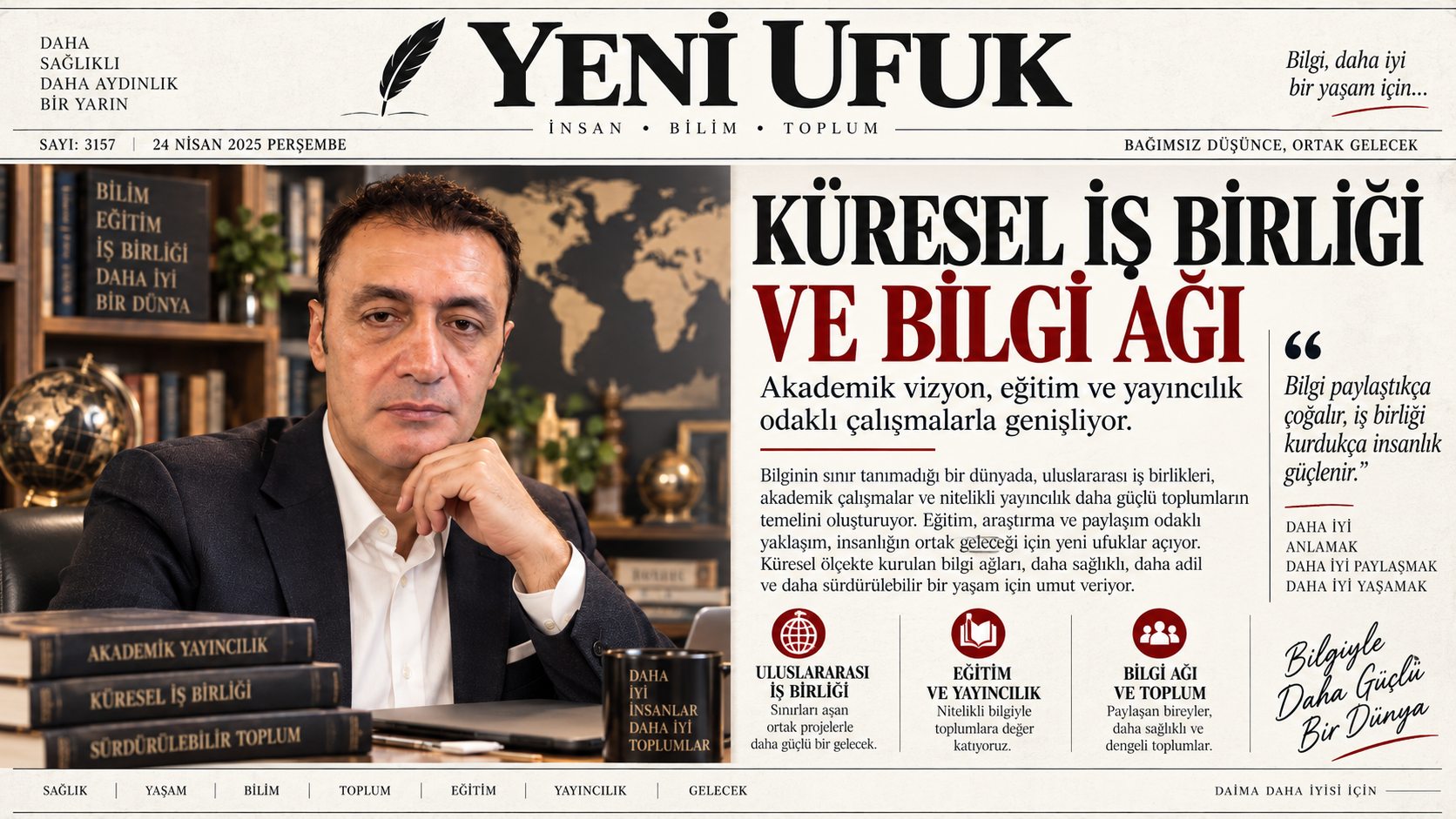 Prof. Dr. Bilal Semih Bozdemir'in çalışmalarını konu alan, uluslararası akademik bilgi ağı temalı yapay zekâ manşeti